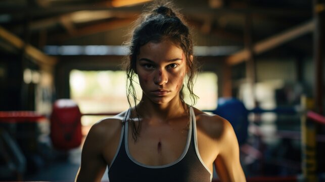 adolescent, Indigenous Australian girl boxes in rustic gym, movements demonstration of power, resilience, and defiance of convention. This rebellious exercise translating physical power into