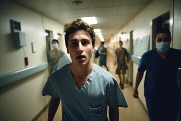 Seized by panic, young Caucasian man paces dimly lit corridor of hospital. reality of newborns health crisis dawns on him, he displays symptoms of ae stress reaction, psychological response