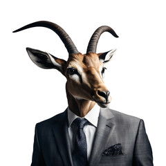 Portrait of Humanoid Anthropomorphic Antelope Wearing Businessman Suit Isolated Transparent