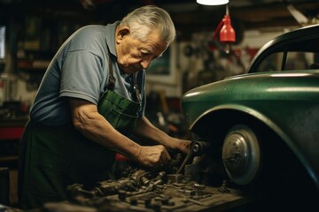 Fototapeta na wymiar older Caucasian male spends evening meticulously restoring vintage car in garage. Filled with sense of nostalgia and pride, he undergoes positive reappraisal, reevaluating and finding positive