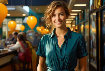 supermarket saleswoman is posing doing her job, smiling.