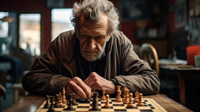 Amid small town, elderly man of noticeable Slavic features stares blankly at chessboard. cognitive exhaustion mirrors model of cognitive load theory combined with ravages of time.