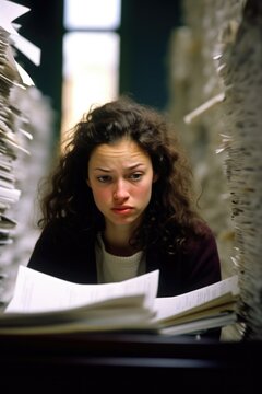 young, fairskinned woman, exhibiting signs of total frustration she nitpicks over two different grad school acceptance letters in calm, quiet library. classic case of decision paralysis caused