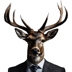 Portrait of Humanoid Anthropomorphic Deer Stag Wearing Businessman Suit Isolated Transparent