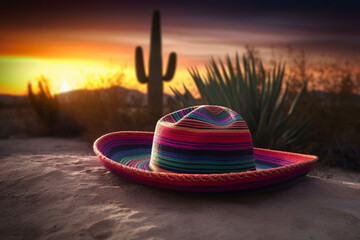 Mexican hat "sombrero" in a mexican desert at sunset. 