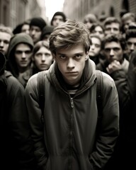 Staring out into anonymity of crowded square, adolescent Eastern European boy seems shrouded in worry. fear of being judged negatively by peers, characteristic of evaluation apprehension, induces