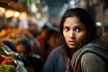 Obraz premium middleaged South Asian female stranded amidst melee of busy urban market. rising anxiety levels, exhibited by flight, fight and freeze reactions, define ae stress reaction psychological response