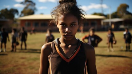 Obraz premium Australian Aboriginal girl, riding cusp of adolescence, stands on edge of schools football field. Shes hit by anticipatory flashback effect of Dialectical Behavior Therapy connecting to ancestral
