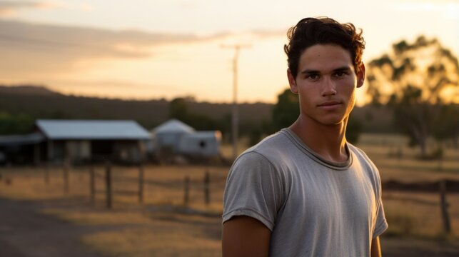 Indigenous Australian young man, starkly solitary in backdrop of rural setting, exhibits signs of stress born of isolation. disposition reflects chronic loneliness, causing stress and elevating