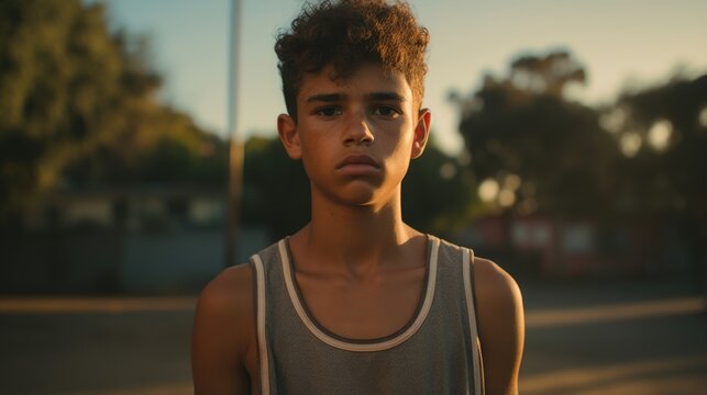 teenage boy of Latin American heritage, stuck somewhere between childhood and adulthood, finds himself on empty basketball court in neighborhood. Engaging in Cognitive Processing Therapy, unbidden