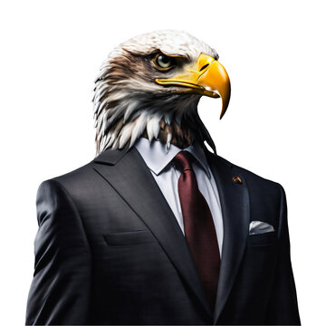 Portrait of Humanoid Anthropomorphic Eagle Wearing Businessman Suit Isolated Transparent