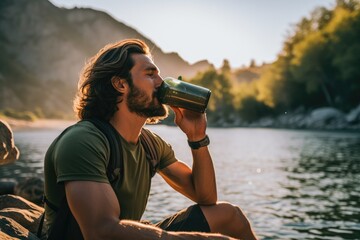Man drinks water from thermos in nature by lake