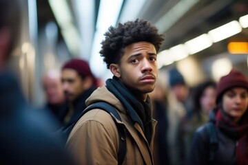 Fototapeta premium young, fairskinned male leans on busy metro station, lost in thoughts ast bustling crowd. He embodies term psychomotor retardation, moving sluggishly, and displaying minimal emotions, clear