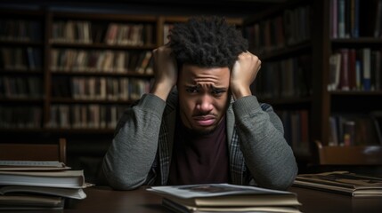 young adult African American male in quiet library struggles to concentrate on book in hands. restlessness and indecisiveness latent indicators of cognitive symptoms of depression. - obrazy, fototapety, plakaty