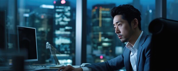 middleaged Asian male sits in corporate office in downtown , tall glass building overlooks busy street. eyes hover over monitor, where images of online gambling sites flicker. This portrays