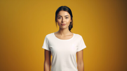 Captivating Beauty: Isolated Portrait of a Woman in a White T-Shirt in a Vibrant Yellow Studio.