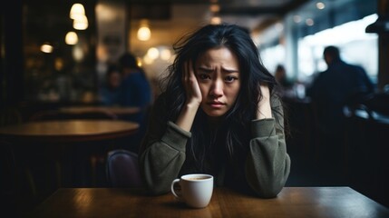 In crowded cafe , Asian woman in late thirties sits alone, cup of coffee untouched. In face, we see perplexing alternation between euphoria and despair, highlighting mood swings that symptomatic