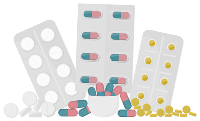 Medical pills and bottles, healthcare and shopping, pharmacy, drug store. SVG illustration in flat style.