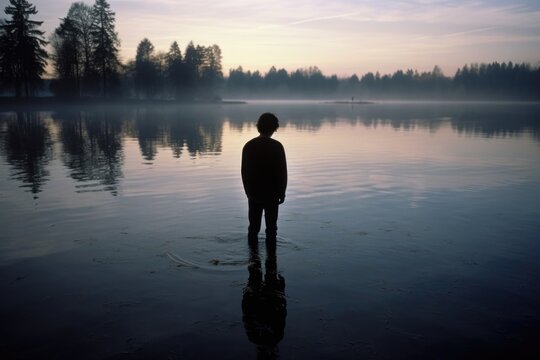youthful, fairskinned male of European ethnicity stands at edge of serene lake at dawn. He observes mirrored image ripples across water surface, reflecting on past actions and future prospectsan