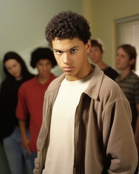 late adolescent, mixedraced male standing at periphery of boisterous party, discomfort evident in demeanor, indicative of avoidant behavior consistent with social phobia, where individuals