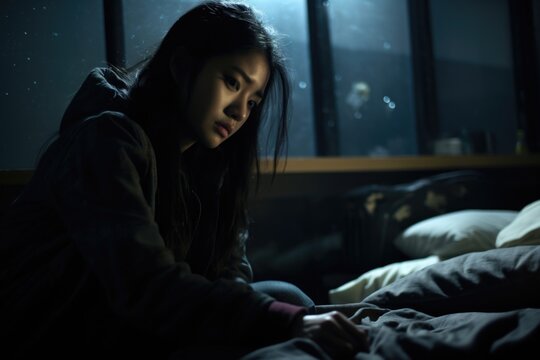 In dim lights of dorm room, young Asian woman stays awake long into night fearing another episode of nightmare. She exhibits signs of Nyctophobia irrational fear of night. concentration on