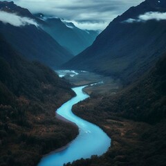 Fototapeta na wymiar a river cuts through a mountain valley
