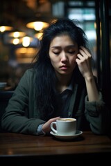 East Asian woman in early adulthood, sits alone in bustling caf , cup of coffee untouched. pulse races, nausea creeps up and surroundings spin. Shes under curse of palpitations and dizziness