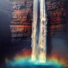 A waterfall falls a cliff with rainbow 