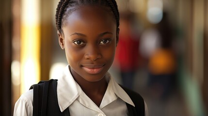 African teen girl, in school uniform in middleclass neighborhoods community center, seen interacting actively with peers. successful peer interaction reflective of effective social adjustment,