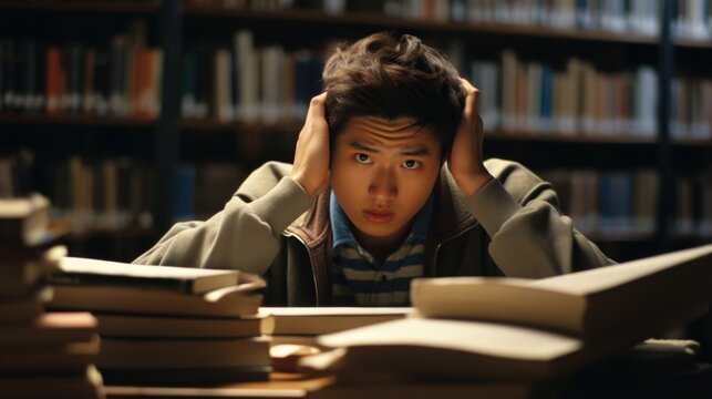 East Asian teenager spotted in library, engrossed in book detailing ss, though expression bears signs of intense anxiety. depiction ilrates effects of ophidiophobia, common specific phobia