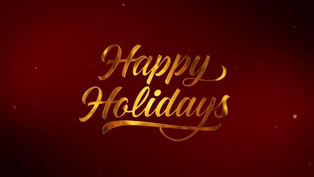 Happy holidays greetings whit golden text on red background.particles and glittering stars.Holidays concept.animated holiday season social post digital card.