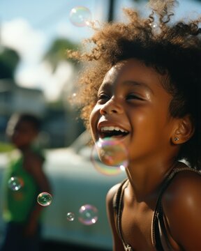 On sunny street African American woman, on verge of latter stage of life, delights herself by blowing soap bubbles incessantly. regression into this innocent activity underlines need