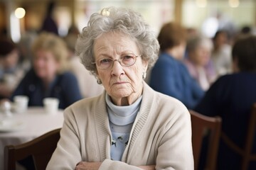 elderly Caucasian woman sits uncomfortably, advantage point at busy social gathering taken. growing dislike for loud surroundings reflects diminishing sensory adaptation, and facial expression