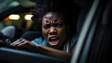 Amidst blaring horns and chaotic traffic, young African woman stuck behind wheel of car, ensnared by road rage, constantly displaying irritability. external locus of control shifts every minute,