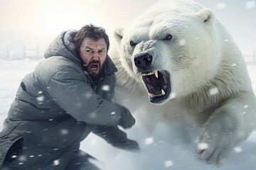 In harsh, isolated setting, young snowwhite Caucasian male scientist, confronted by extreme threat of polar bear encounter, goes into fightorflight stress response. body prepares - obrazy, fototapety, plakaty