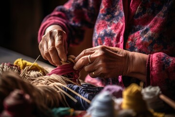 Asian lady visibly advanced in years sits with knitting needles in hands, struggling to concentrate on patterns. act of repeatedly missing stitches and losing count hints at cognitive fatigue,