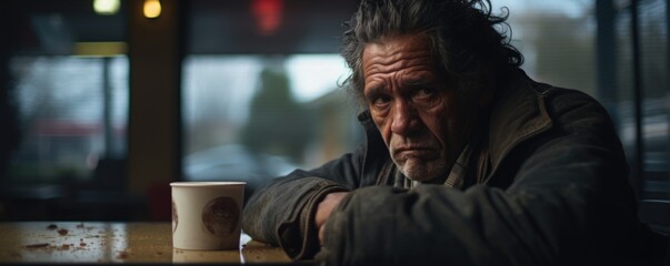 Fototapeta na wymiar aboriginal North American man sits alone at cafe, face embodies sense of despair. disinterest in engaging in anything mirrors effects of compassion fatigue, psychological condition marked by