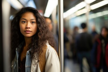 young Pacific Islander woman stands in buzzing metro, lost in view outside train window. She psychology graduate student, exploring dialectical behavior therapy approach for thesis, hoping