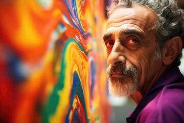 mature Middle Eastern man stares intensely at canvas on which vibrant colors swirl chaotically. Hes psychoanalyst, utilizing art therapy to comprehend clients emotional turmoil and providing