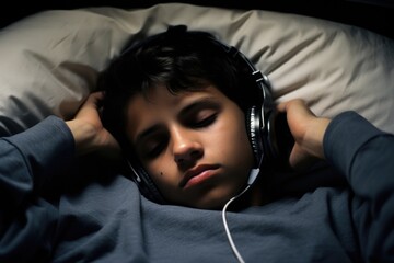 teenaged, Hispanic boy sprawled across bed, headphones in ears, eyes staring at ceiling lost in thought. Hes entranced by discussions on podcast hosted by famed psychiatrist specializing in - obrazy, fototapety, plakaty