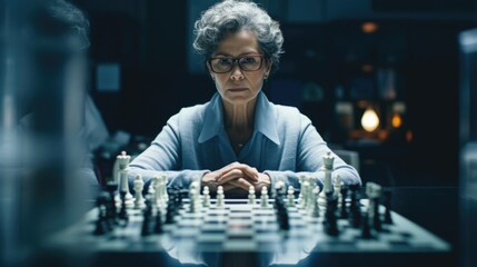 In welllit professional space, mature Caucasian woman in glasses deep in reflection, eyes revealing mental chess game of defense mechanisms unfolding in mind. She in command, embodiment of
