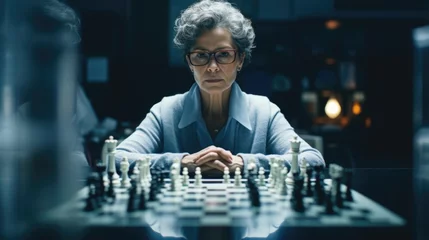 Foto op Canvas In welllit professional space, mature Caucasian woman in glasses deep in reflection, eyes revealing mental chess game of defense mechanisms unfolding in mind. She in command, embodiment of © Justlight