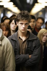 Fototapeta premium young Caucasian male stands at edge of subway platform amidst rushhour crowd, scenario previously unimaginable due to agoraphobia. Adopting emotional processing theory, important concept within