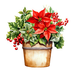 Watercolor Christmas Red Poinsettia in a Clay Pot, Natural Collection isolated on white background. Christmas elements clipart.