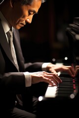 Fototapeta na wymiar Late in evening, gentleman of Asian heritage sits at grand piano in softly lit room. way fingers dance over keys, bringing haunting melodies to life, speaks volumes about abilities of brain