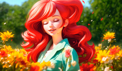 Naklejka premium Portrait of a beautiful red-haired girl in a field of yellow flowers