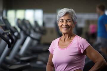 Fototapeta na wymiar Inside bustling gym, senior woman of Hispanic origin focused on workout routine stands ilration of principle of selfefficacy. determination and strength in maintaining physical fitness demonstrates