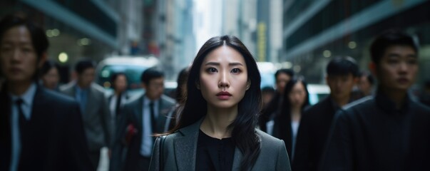 In bustling cityscape, Asian woman portrays picture of recent graduate in peak of youth. She standing on crowded street, labyrinth of towering office buildings dwarfing frame. eyes, veiled