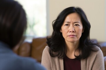 mature, Asian woman wears stoic expression she sits in psychologists office, part of Prolonged Exposure therapy session. eyes hold distant look she gradually immerses herself in recounting - obrazy, fototapety, plakaty