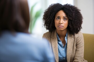 young black woman intently focuses on thes reassuring voice, guiding through traumatic event in past. They sit in professional therapy room, embarking on journey of Prolonged Exposure therapy - obrazy, fototapety, plakaty